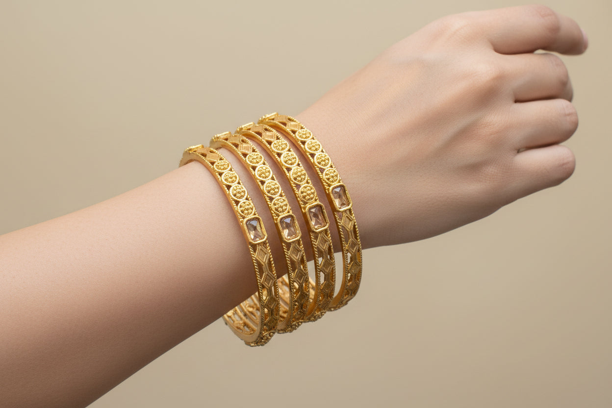 4 Pcs Rajwadi Antique Gold Plated Bangles | Ruby Stone Kangan Set SA jewelry pk