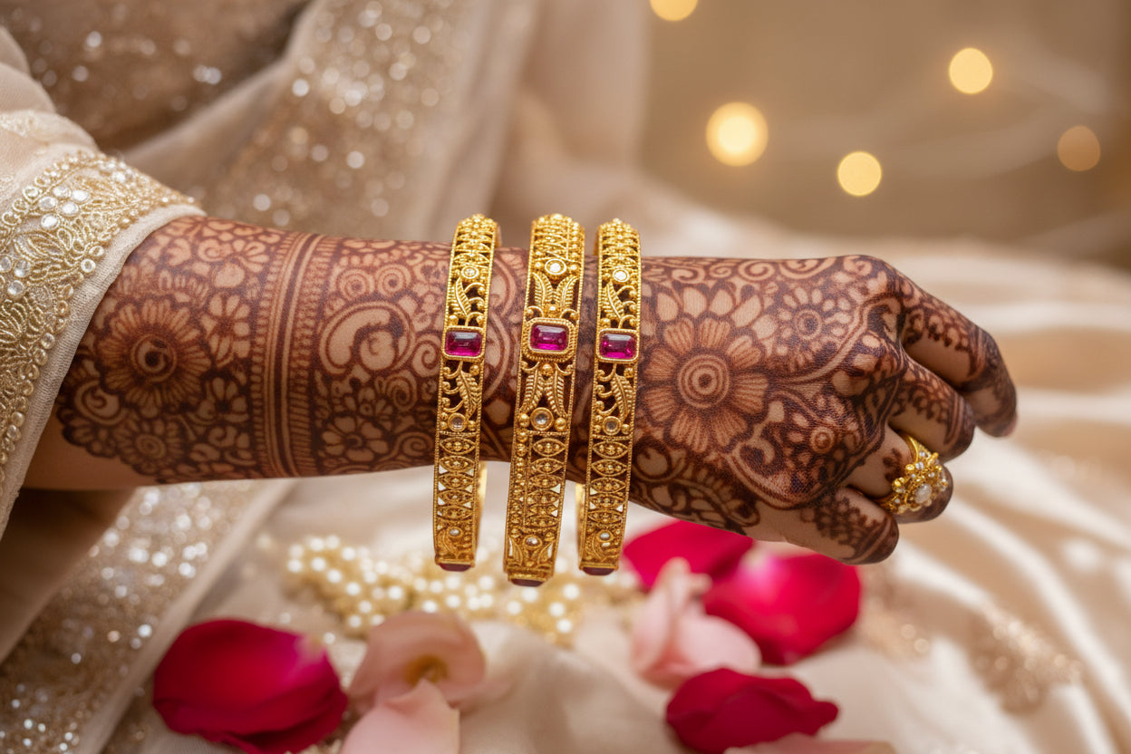 Rajwadi Antique Gold Plated Bangles | Ruby Stone Kangan Set SA jewelry pk