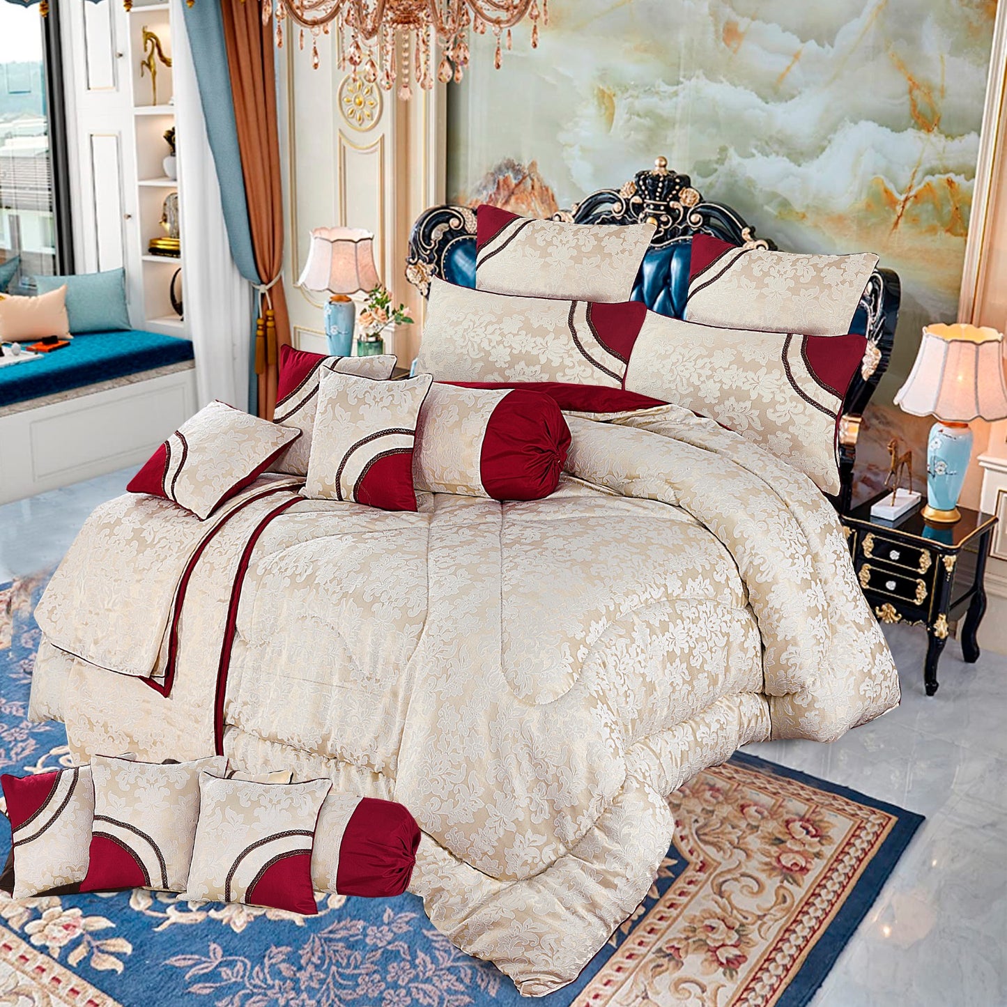 ARIZONA PLUS 
"14 PCS Luxury Bed Sheet Set – Complete Bedding Set with Pillow Covers, Cushions & Runner | SAJewelryPK.com