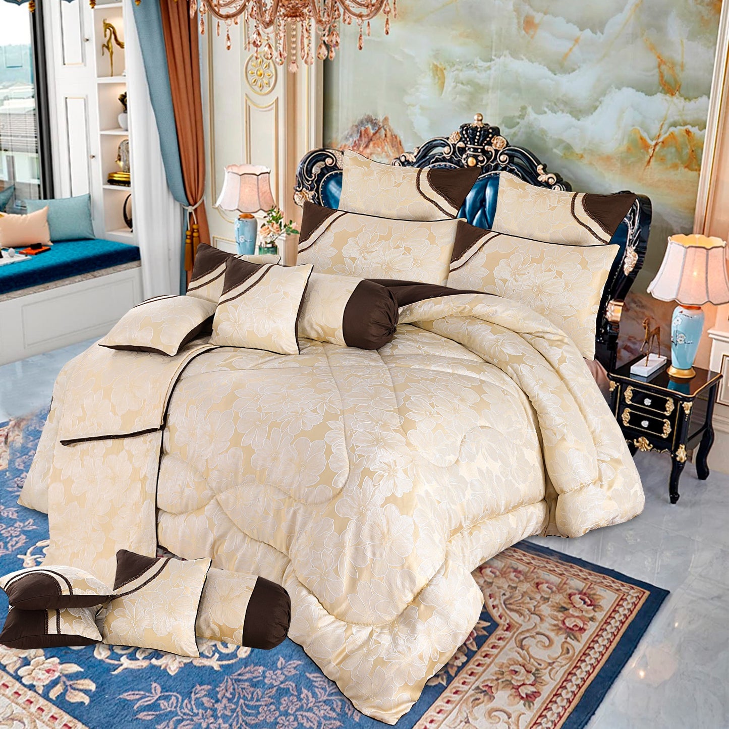 ARIZONA PLUS 
"14 PCS Luxury Bed Sheet Set – Complete Bedding Set with Pillow Covers, Cushions & Runner | SAJewelryPK.com