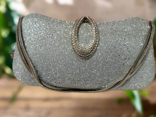 Elegant Silver Design Shimmer Clutch – Oval Brooch Design with Silver Chain Evening Bag SA jewelry pk