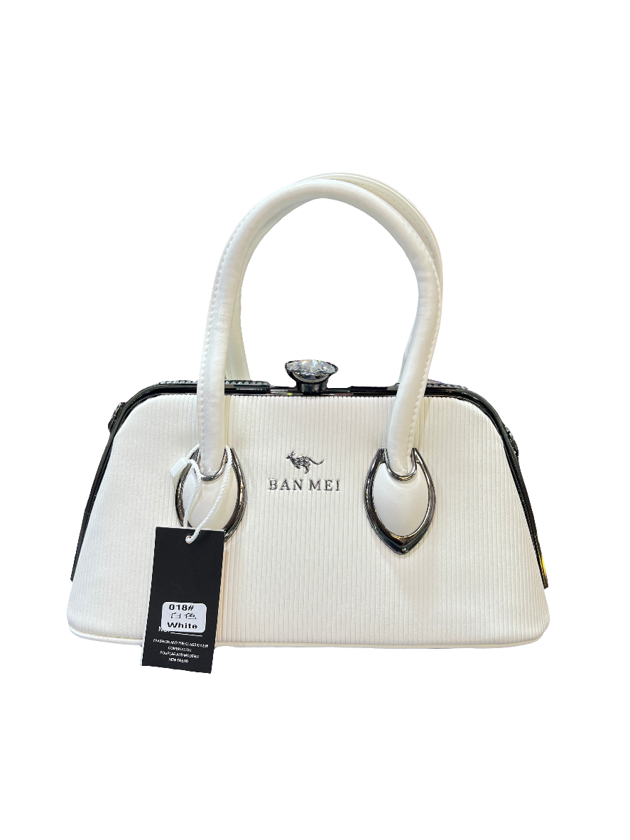 Elegant White Rexine Handbag with Metal Stone-Studded Sides – Stylish & Durable SAJewelry pk 