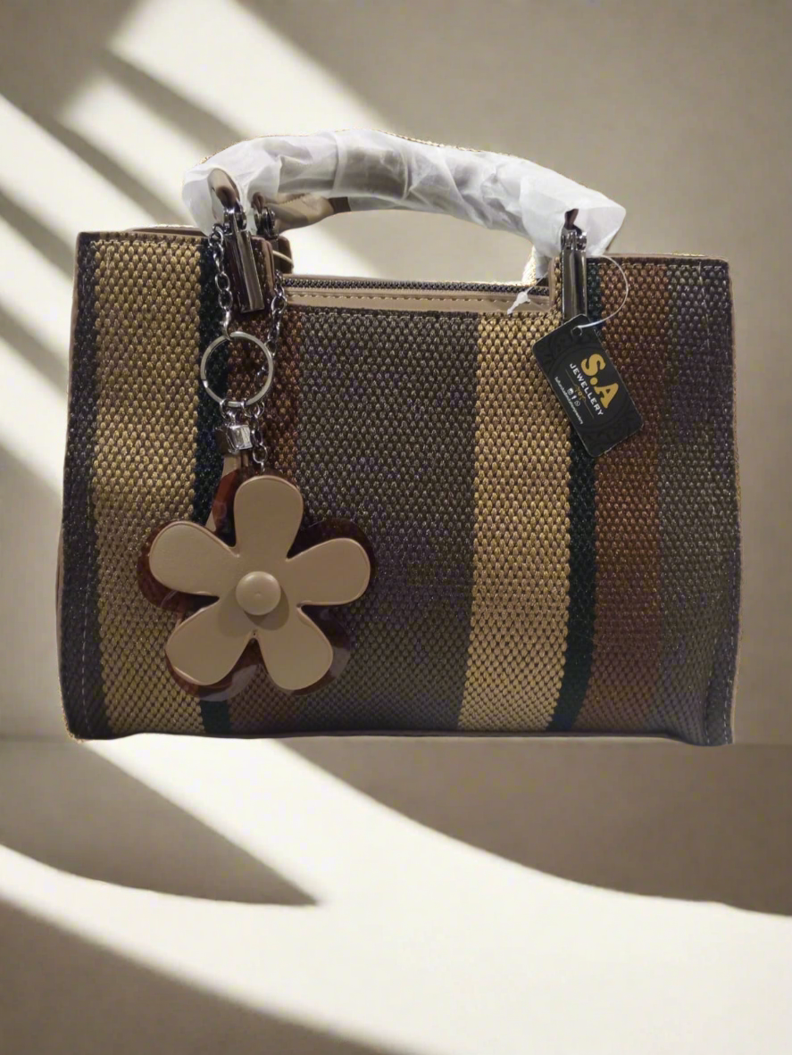 Multicolor Canvas Handbag with Hanging Flower Charm Stylish & Durable Tote SA jewelry pk