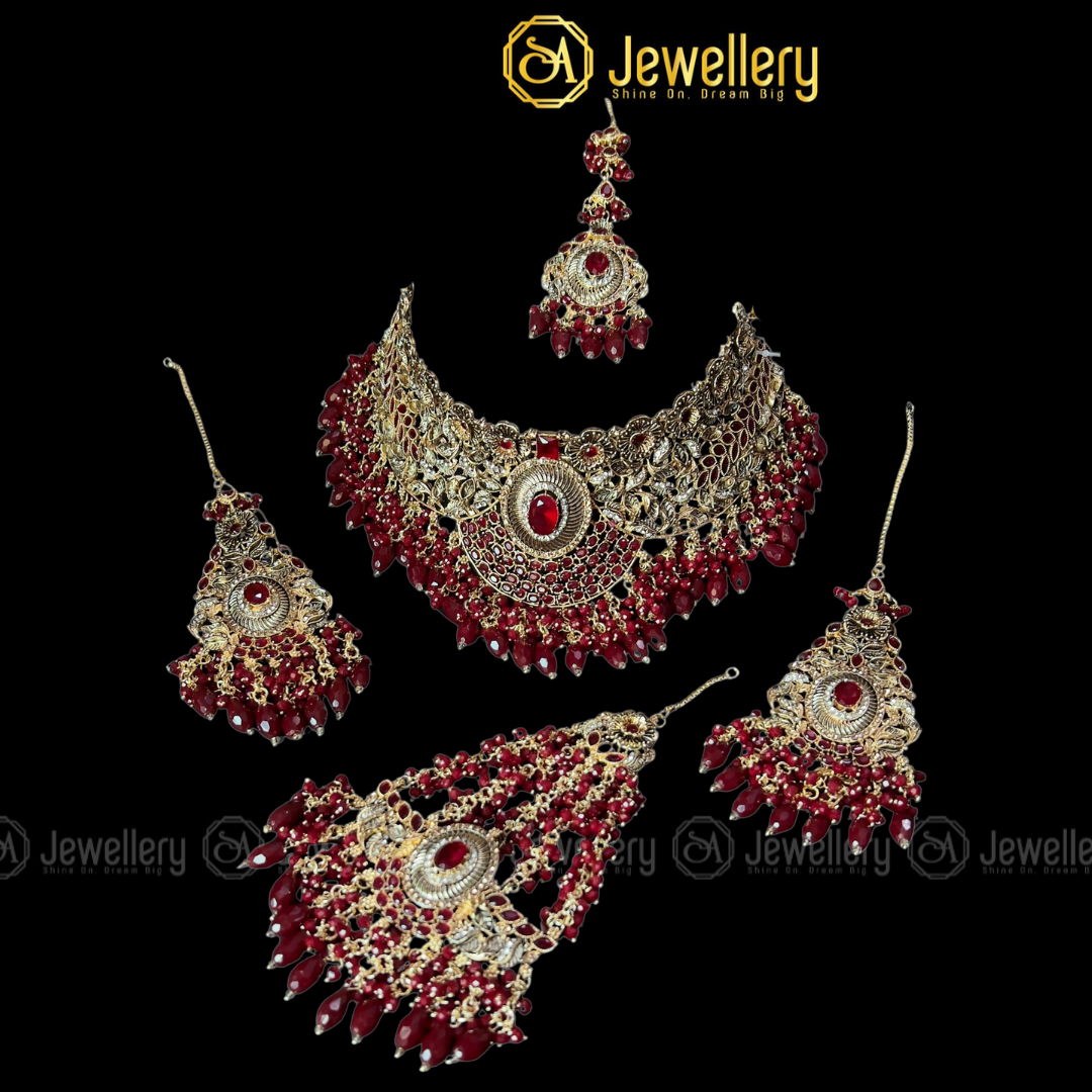Luxury Gold Plated Bridal Necklace Set with Maroon Kundan & Pearl Drops - Perfect for Bataat & Wedding Receptions SA jewelry pk