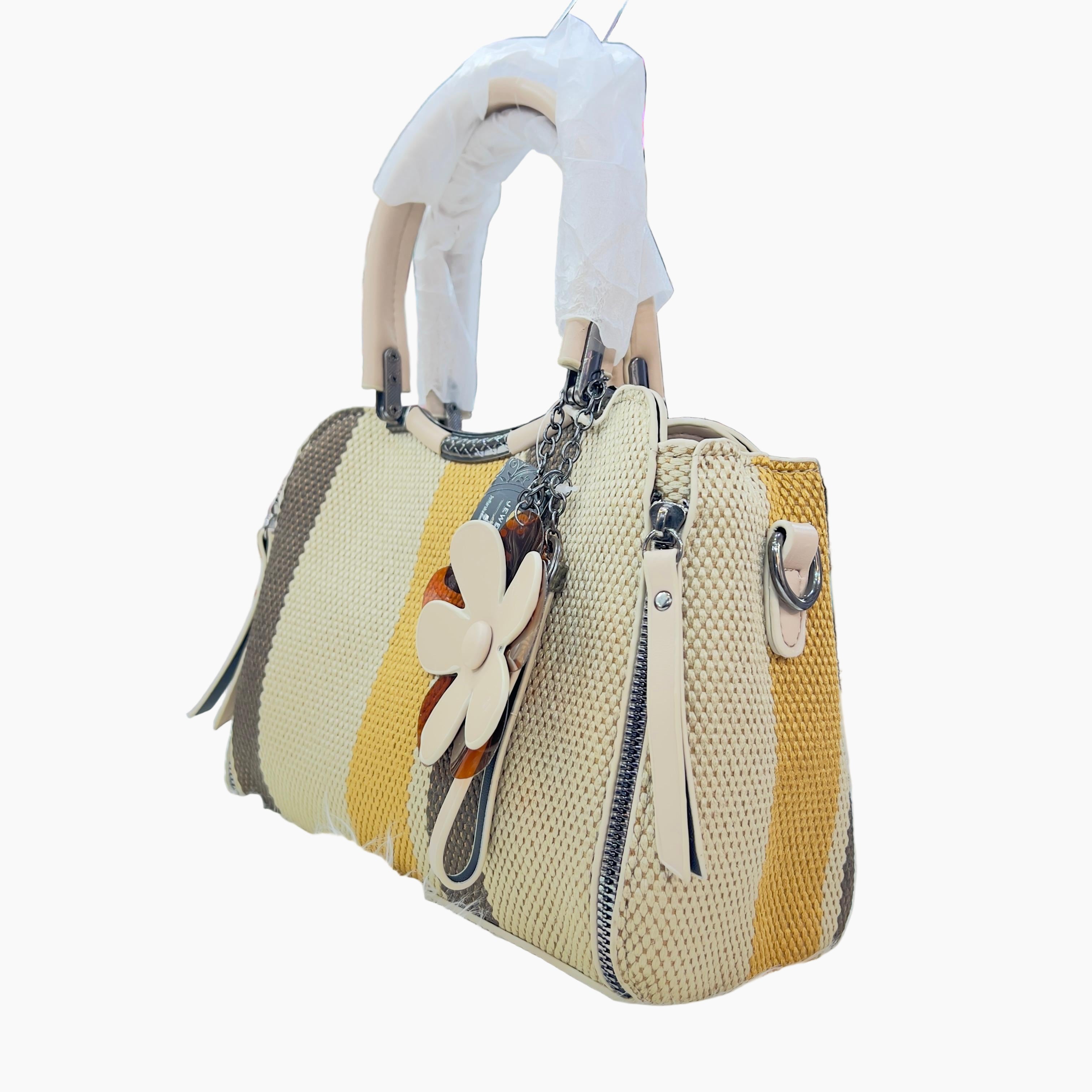 Durable Striped Canvas Bag | Everyday Shoulder Hobo with Decorative Charm SA jewelry pk