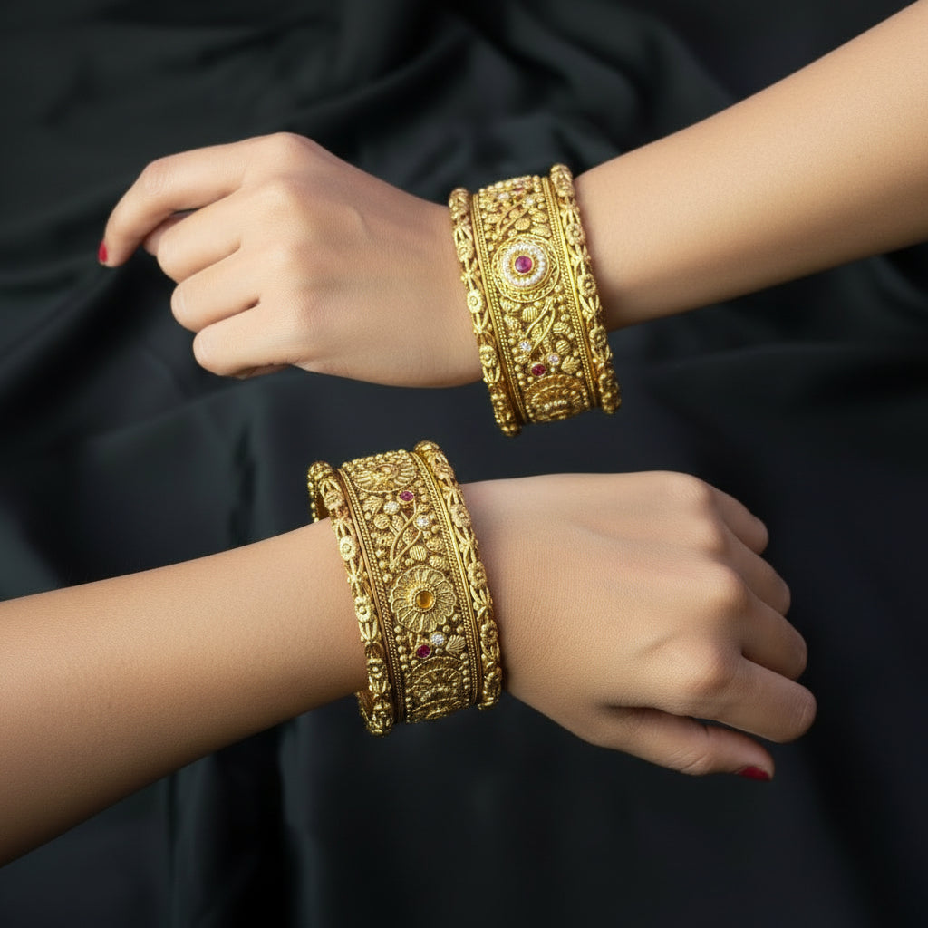 2 Pc Rajwadi Antique Gold Plated Bangles | Ruby Stone Kangan Set SA jewelry pk
