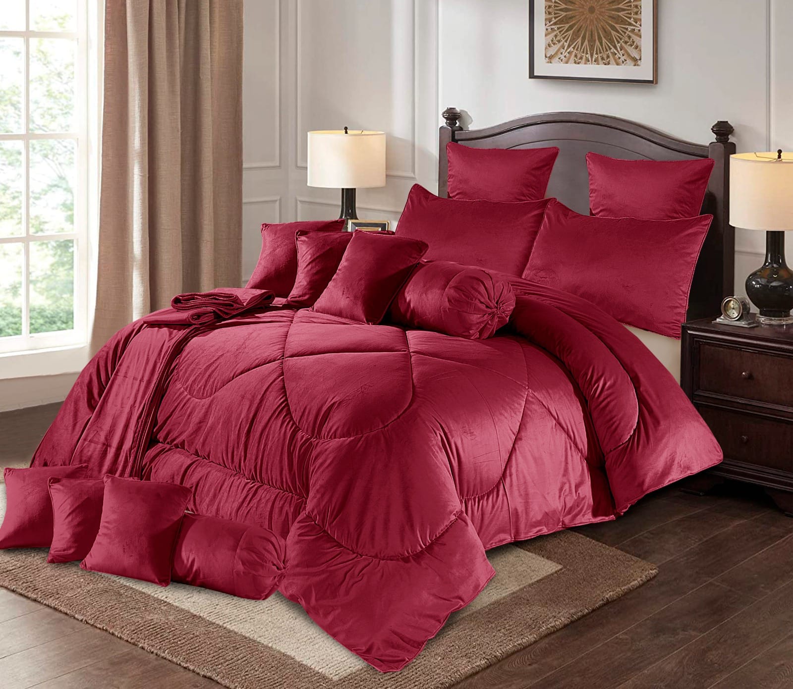 “Velvet Emboss 14‑piece Razai set” (often listed as a bridal or fancy razai/comforter set) features embossed‑velvet fabric SA jewelry pk