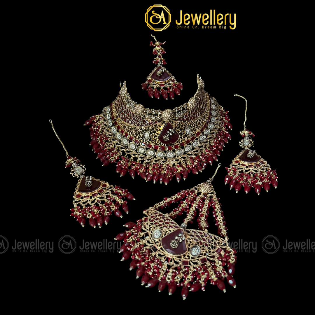 Luxury Gold Plated Bridal Necklace Set with Maroon Kundan & Pearl Drops - Perfect for Bataat & Wedding Receptions SA jewelry pk