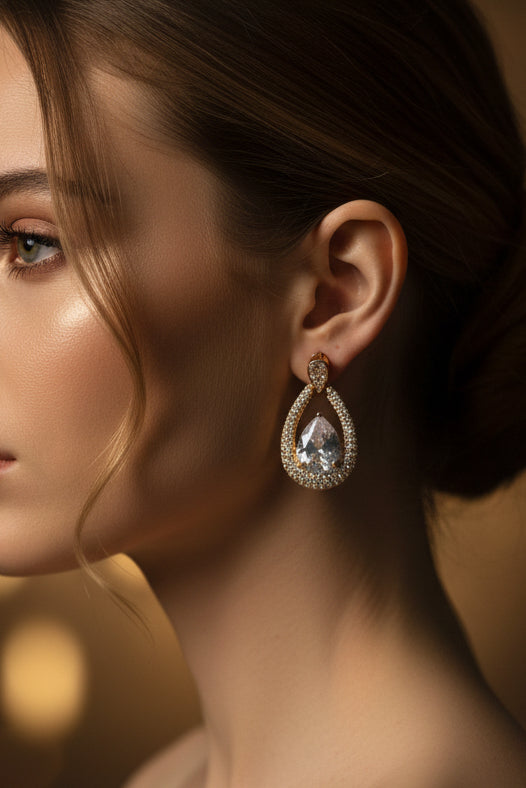 Elegant Teardrop Pear-Cut Zircon Earrings Luxury Gold Plated Drop Tops SA jewellery pk 