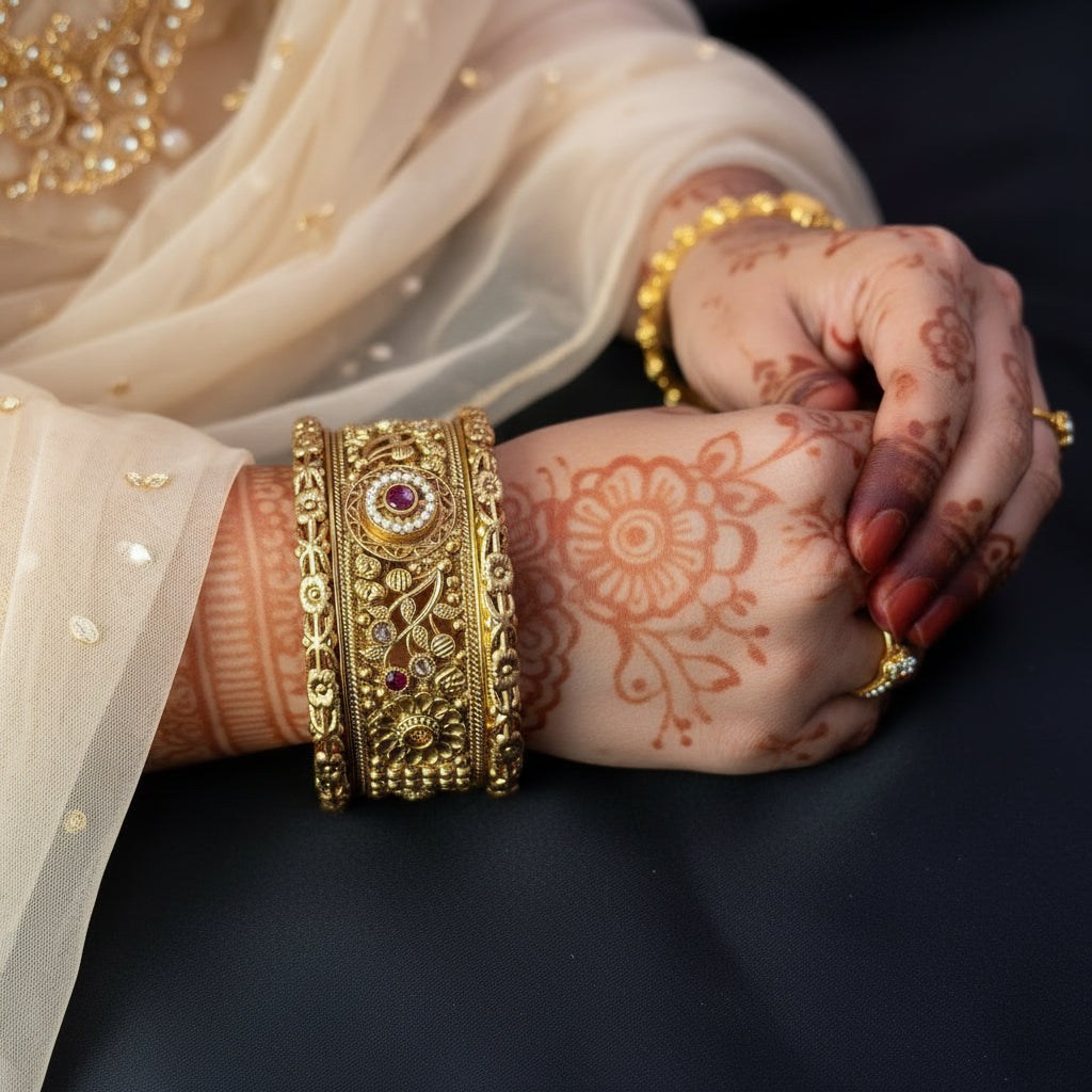 2 Pc Rajwadi Antique Gold Plated Bangles | Ruby Stone Kangan Set SA jewelry pk