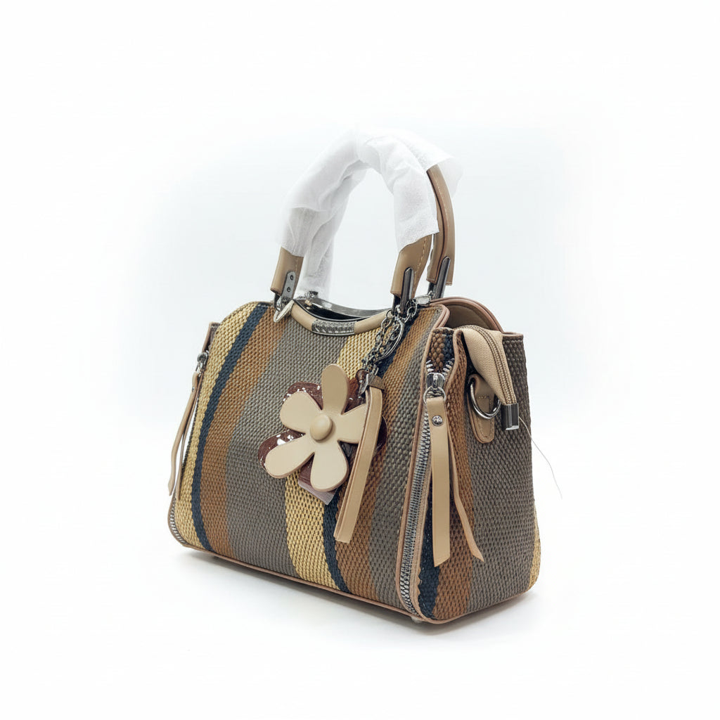 Durable Striped Canvas Bag | Everyday Shoulder Hobo with Decorative Charm SA jewelry pk