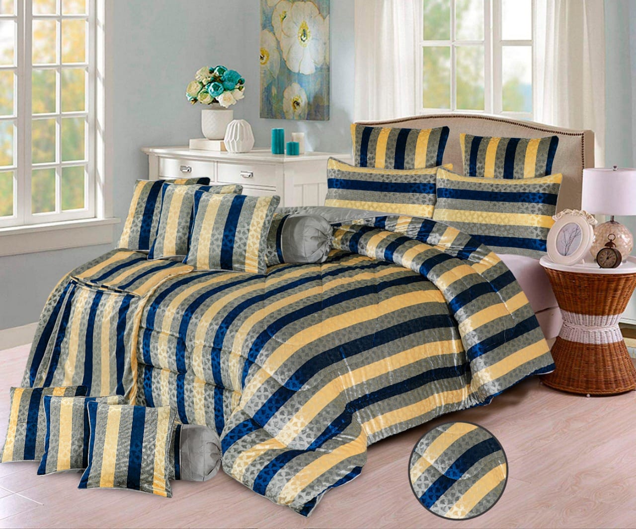 “Velvet Emboss 14‑piece Razai set” (often listed as a bridal or fancy razai/comforter set) features embossed‑velvet fabric SA jewelry pk