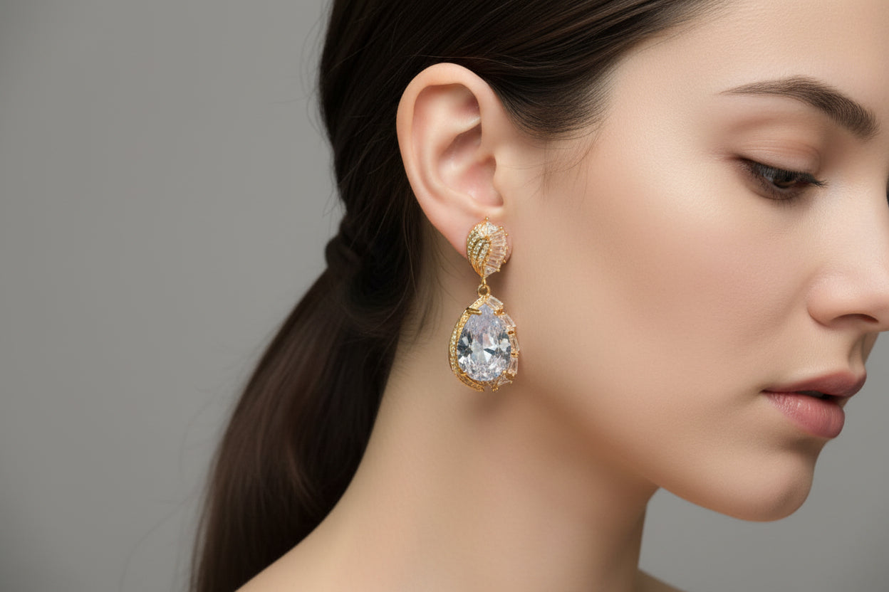 Luxury Pear-Cut Statement Drops Majestic Gold Plated Party Wear Zircon Earrings SA jewellery pk