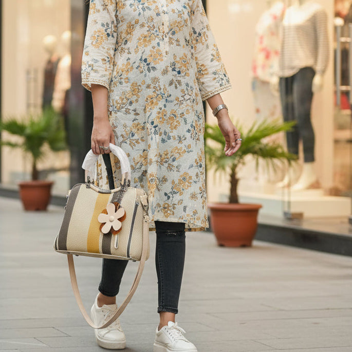 Durable Striped Canvas Bag | Everyday Shoulder Hobo with Decorative Charm SA jewelry pk