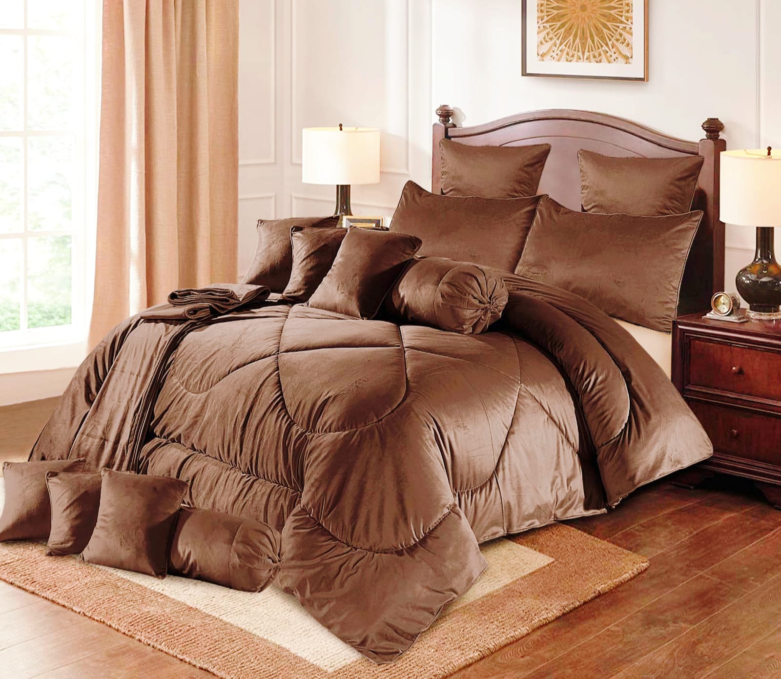 “Velvet Emboss 14‑piece Razai set” (often listed as a bridal or fancy razai/comforter set) features embossed‑velvet fabric SA jewelry pk