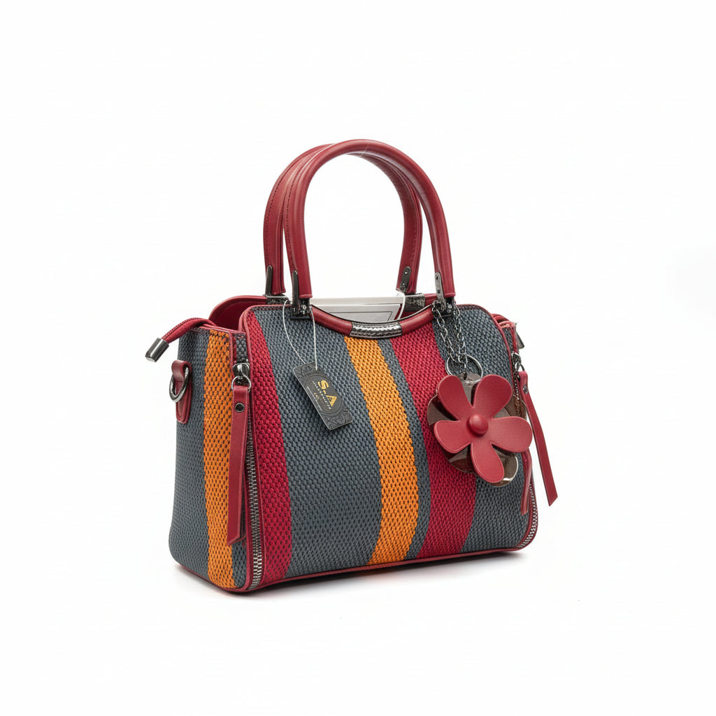 Durable Striped Canvas Bag | Everyday Shoulder Hobo with Decorative Charm SA jewelry pk