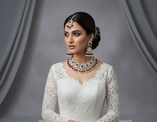 Radiant Silver Stone Necklace Set with Jhumka & Maang Tikka with Maroon pearls SA jewelry pk 
