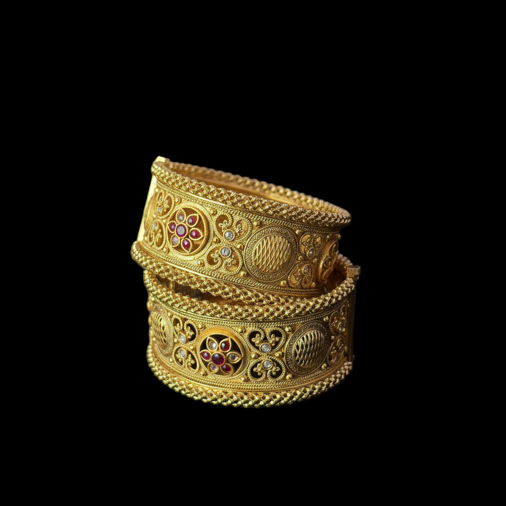 2 Pc Rajwadi Antique Gold Plated Bangles | Ruby Stone Kangan Set SA jewelry pk