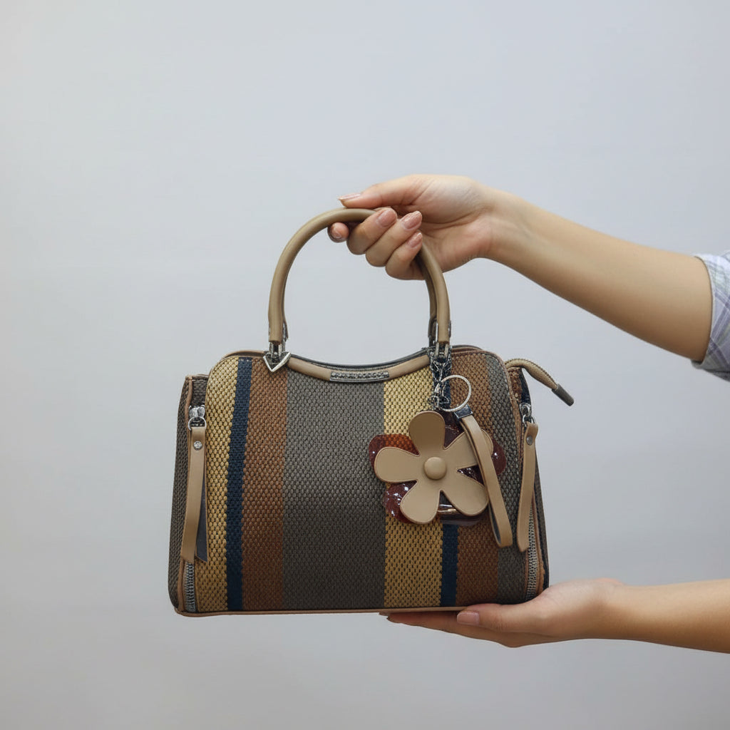 Durable Striped Canvas Bag | Everyday Shoulder Hobo with Decorative Charm SA jewelry pk