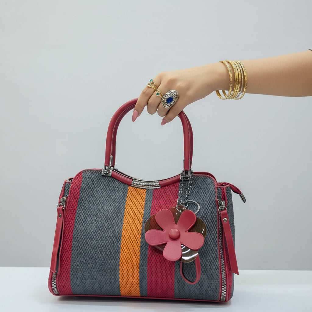 Durable Striped Canvas Bag | Everyday Shoulder Hobo with Decorative Charm SA jewelry pk