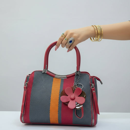 Durable Striped Canvas Bag | Everyday Shoulder Hobo with Decorative Charm SA jewelry pk