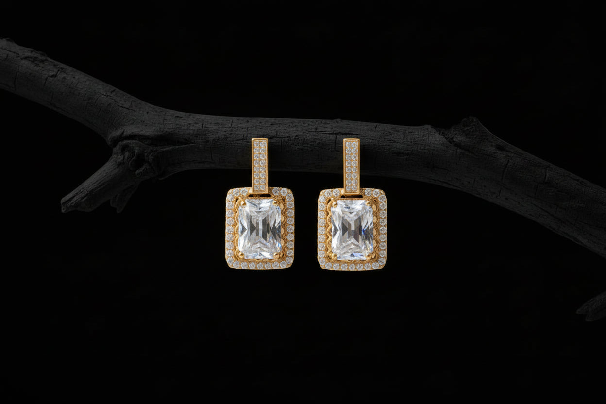 Premium Rectangle Emerald Cut Zircon Earrings with Radiant Gold Plating SA jewellery pk