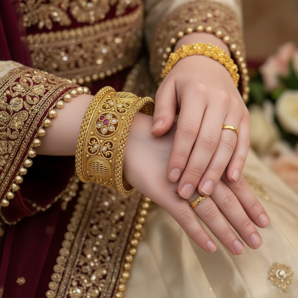 2 Pc Rajwadi Antique Gold Plated Bangles | Ruby Stone Kangan Set SA jewelry pk 