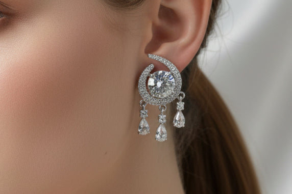 Luxury Silver-Plated Chandelier Studs  Shimmering Halo Tops with Crystal Drops SA jewellery i