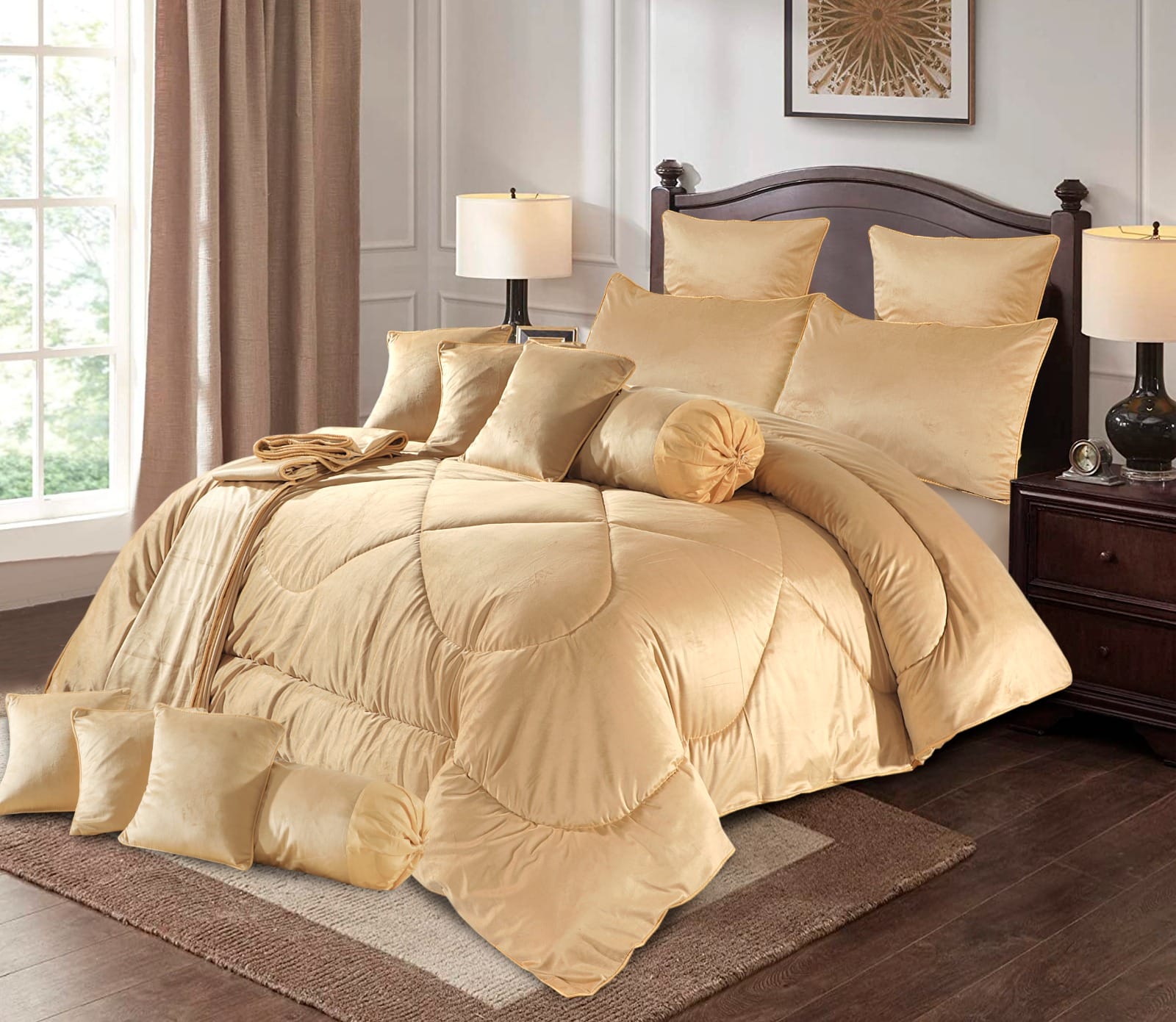 “Velvet Emboss 14‑piece Razai set” (often listed as a bridal or fancy razai/comforter set) features embossed‑velvet fabric SA jewelry pk