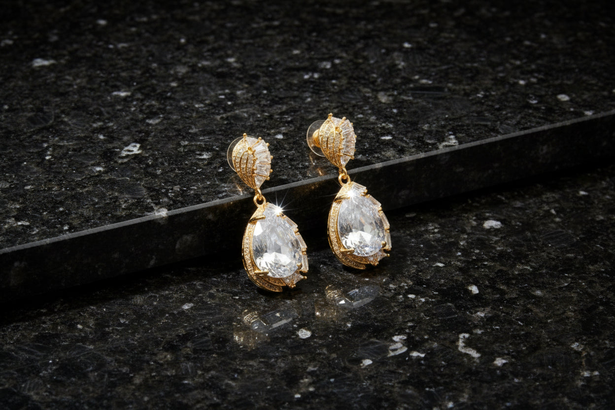 Luxury Pear-Cut Statement Drops Majestic Gold Plated Party Wear Zircon Earrings SA jewellery pk