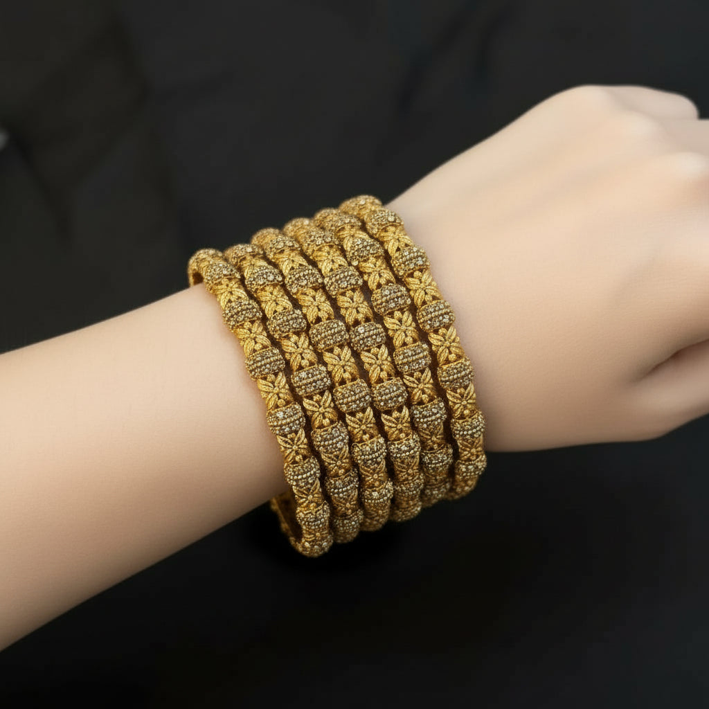 Exclusive 6-Piece Antique Gold Bangle Set | Heavy Intricate Cluster Stone Work SA jewelry pk