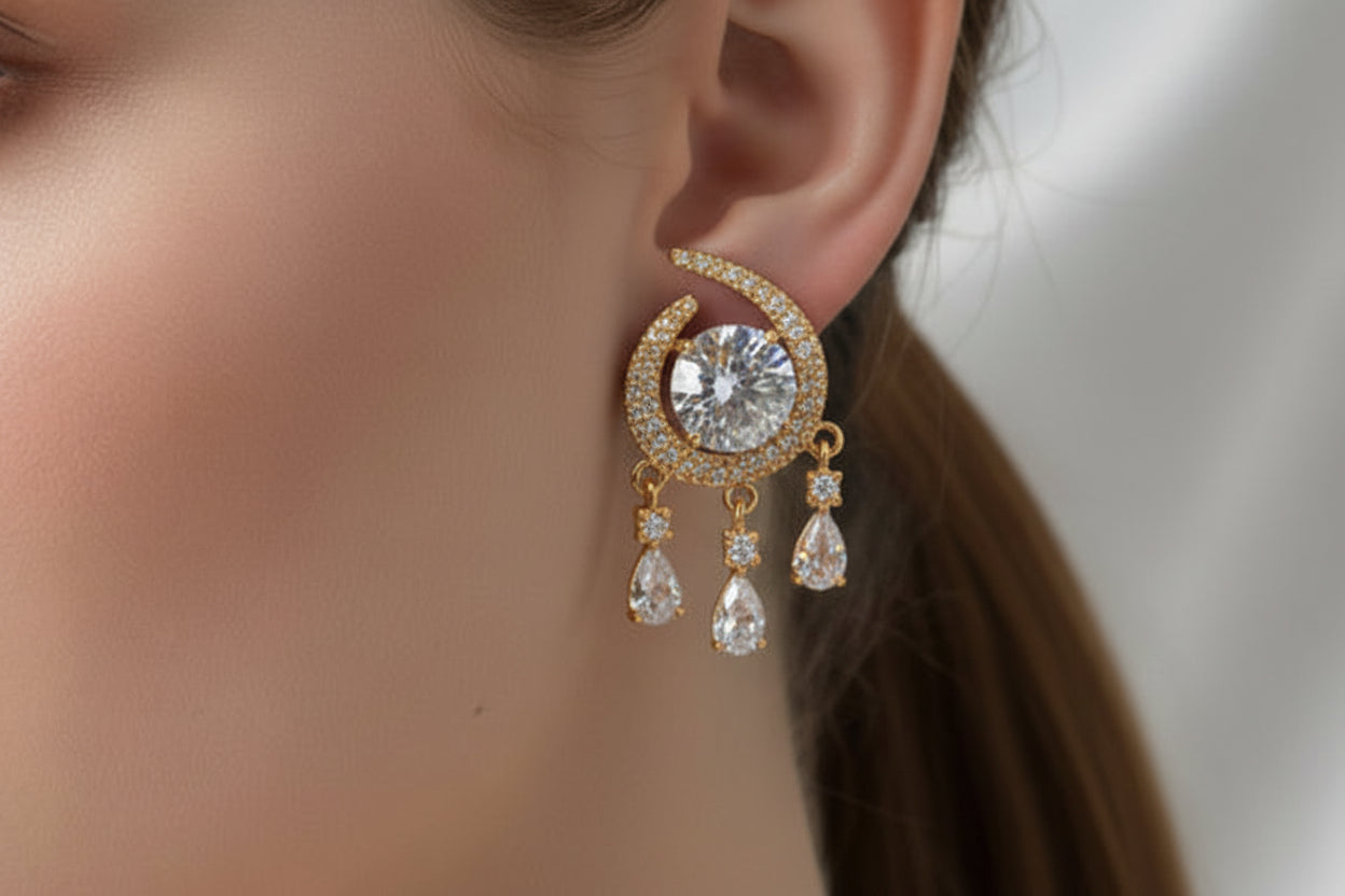 Luxury Silver-Plated Chandelier Studs  Shimmering Halo Tops with Crystal Drops SA jewellery i