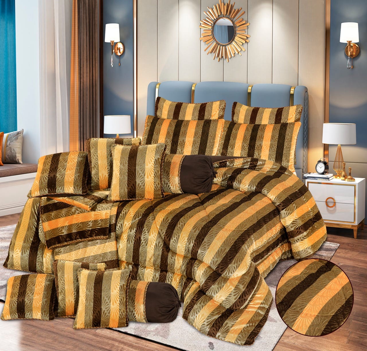 “Velvet Emboss 14‑piece Razai set” (often listed as a bridal or fancy razai/comforter set) features embossed‑velvet fabric SA jewelry pk