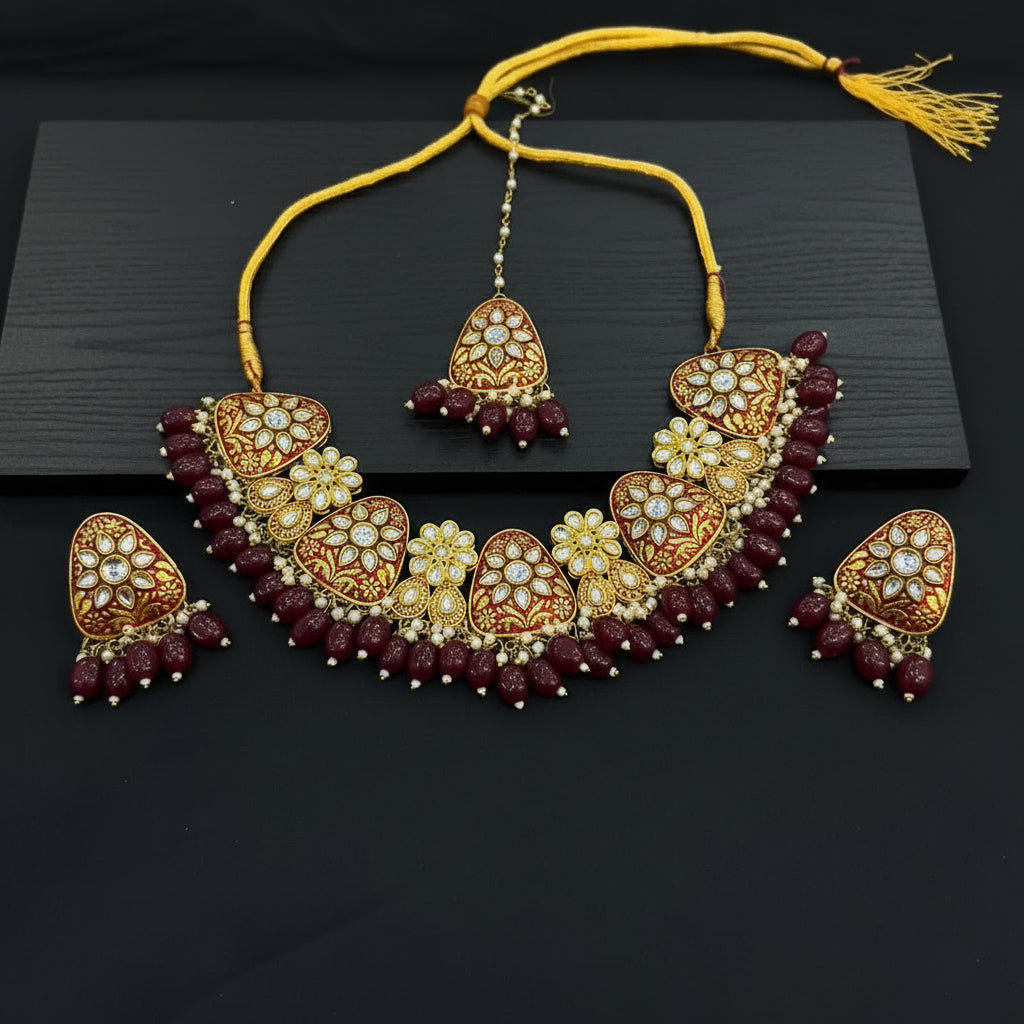 Regal Maroon Meenakari Kundan Wedding Set with Teeka SA jewelry pk 