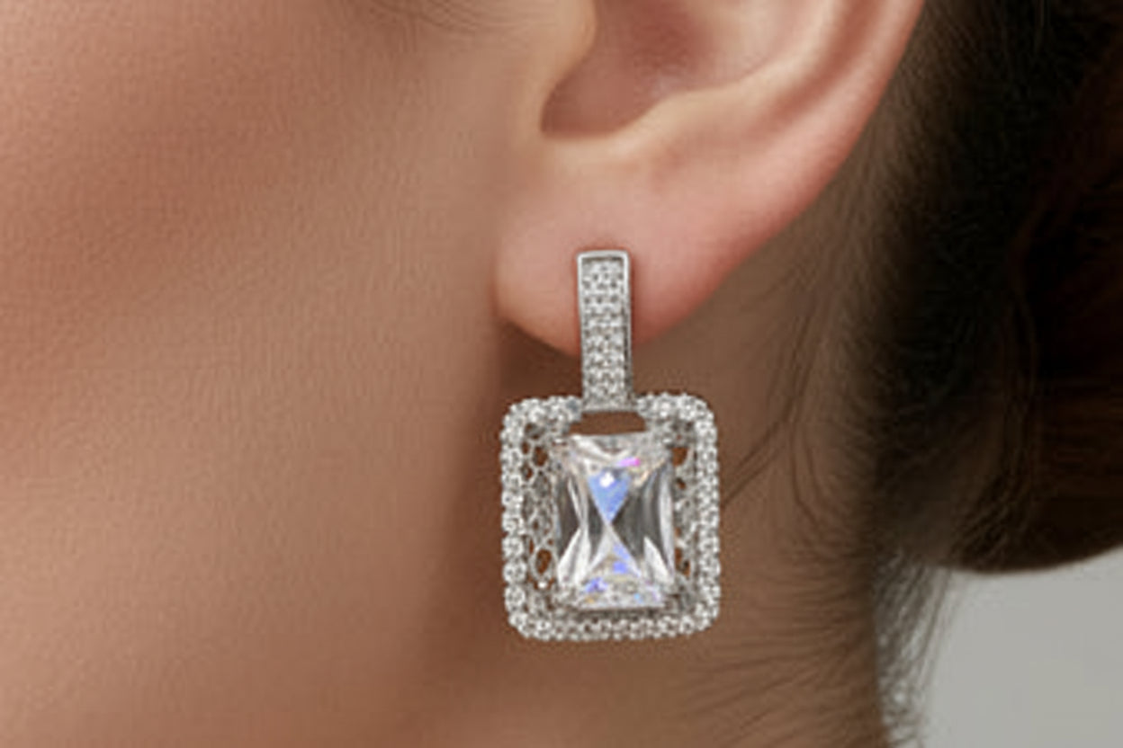 Premium Rectangle Emerald Cut Zircon Earrings with Radiant Gold Plating SA jewellery pk