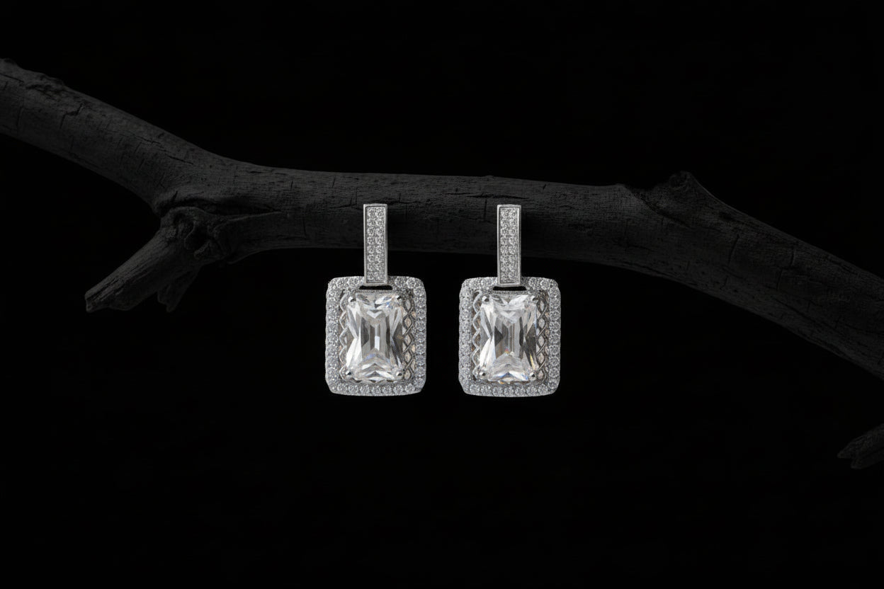 Premium Rectangle Emerald Cut Zircon Earrings with Radiant Gold Plating SA jewellery pk