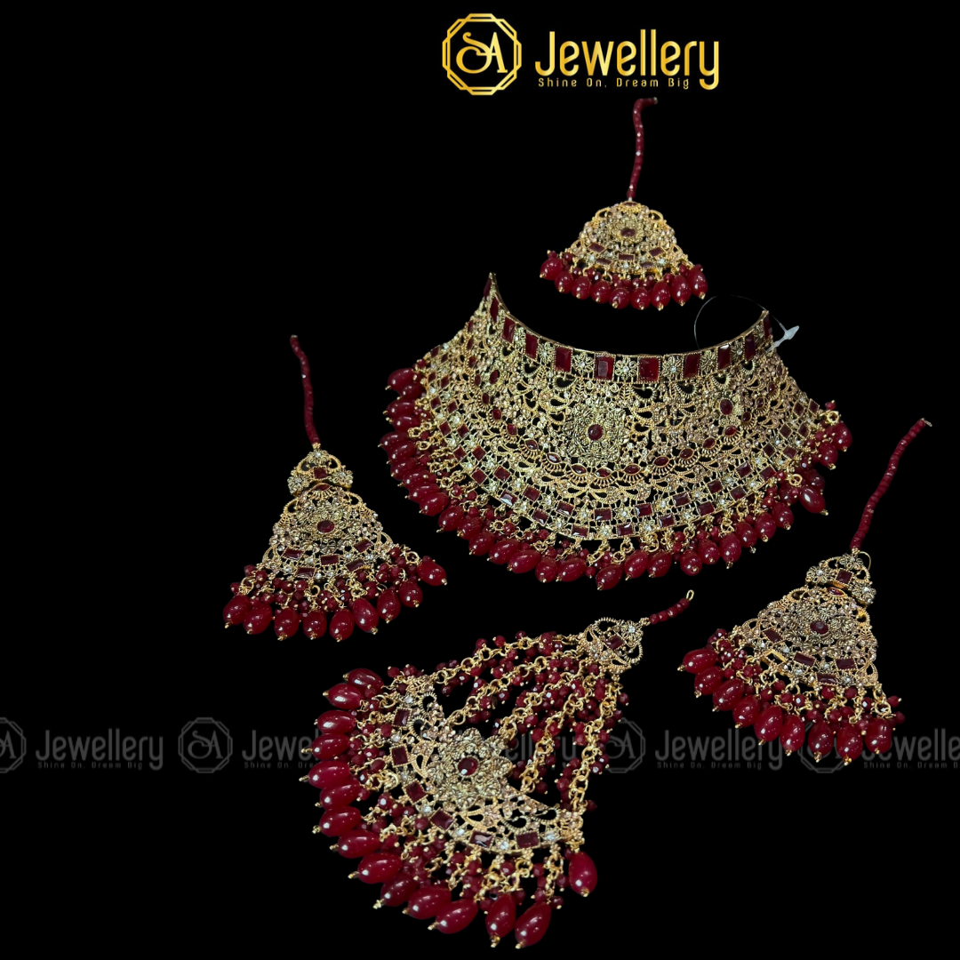Luxury Gold Plated Bridal Necklace Set with Maroon Kundan & Pearl Drops - Perfect for Bataat & Wedding Receptions SA jewelry pk